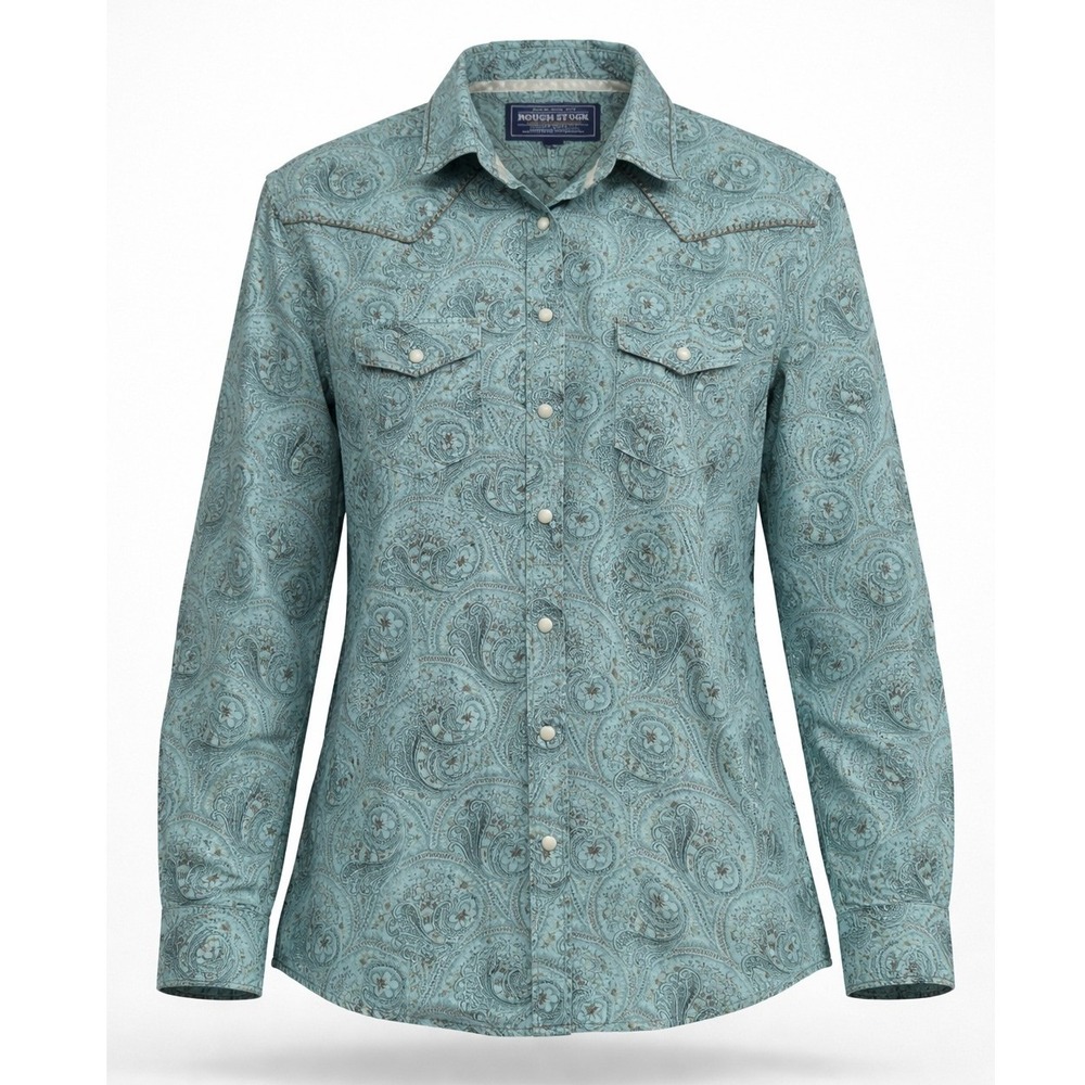 Rough Stock Western Shirt Mens M Turquoise Paisley Snap Front Contrast Stitching
